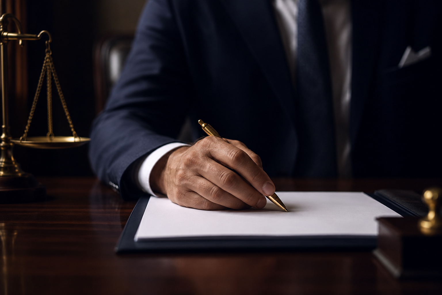 Firma de documentos legales con pluma dorada